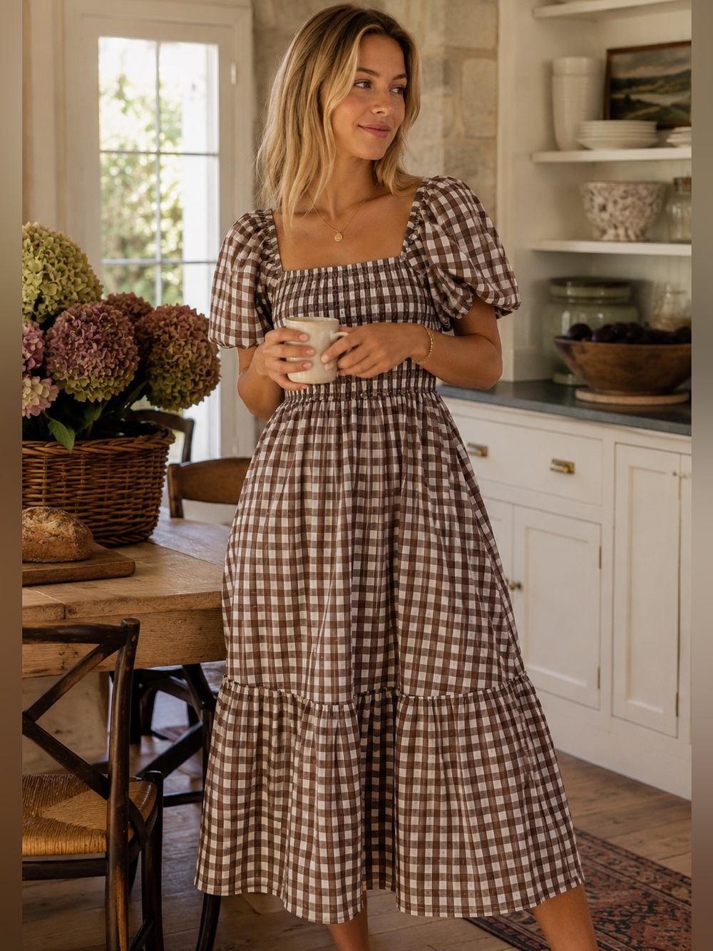 Coffee Brown Gingham Smocked Puff Sleeve Cottagecore Midi Dress